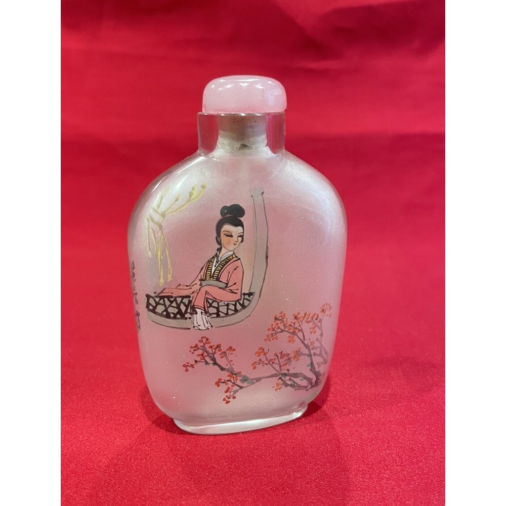 Vintage Snuff Bottle Chinese Reverse Painted Girl And Flowers Design Light Pink